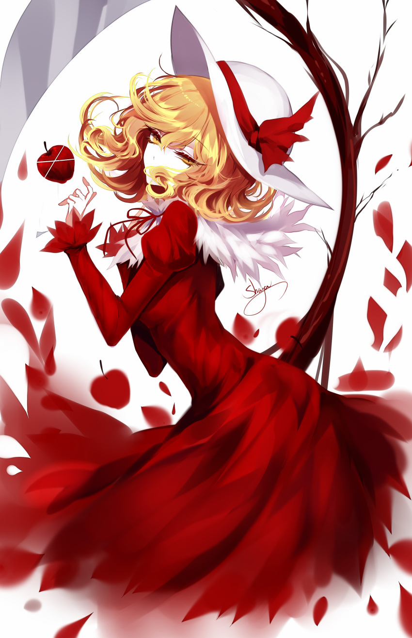 1girl absurdres apple artist_name blonde_hair covered_mouth dress elly eyebrows_visible_through_hair food fruit hat hat_ribbon highres juliet_sleeves long_sleeves looking_at_viewer puffy_sleeves red_dress red_ribbon ribbon scythe sheya signature simple_background solo touhou touhou_(pc-98) white_background yellow_eyes
