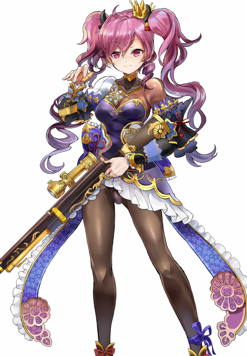 1girl anklet asymmetrical_clothes black_legwear closed_mouth cropped_feet crown curly_hair detached_sleeves frills gradient_hair gun highres himuro_(dobu_no_hotori) holding holding_gun holding_weapon jewelry long_hair looking_at_viewer matsunaga_hisahide_(sengoku_rumblade) mini_crown multicolored_hair official_art panties panties_under_pantyhose pantyhose pink_eyes pink_hair purple_hair rifle sengoku_rumblade simple_background skirt smile solo twintails underwear weapon white_background white_skirt