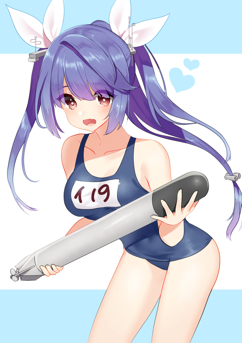 1girl blue_hair blue_swimsuit breasts cowboy_shot fang hair_ribbon highres i-19_(kantai_collection) kantai_collection leaning_forward long_hair looking_at_viewer medium_breasts mizuki_eiru_(akagi_kurage) name_tag one-piece_swimsuit open_mouth red_eyes ribbon school_swimsuit smile solo star star-shaped_pupils swimsuit symbol-shaped_pupils torpedo tri_tails