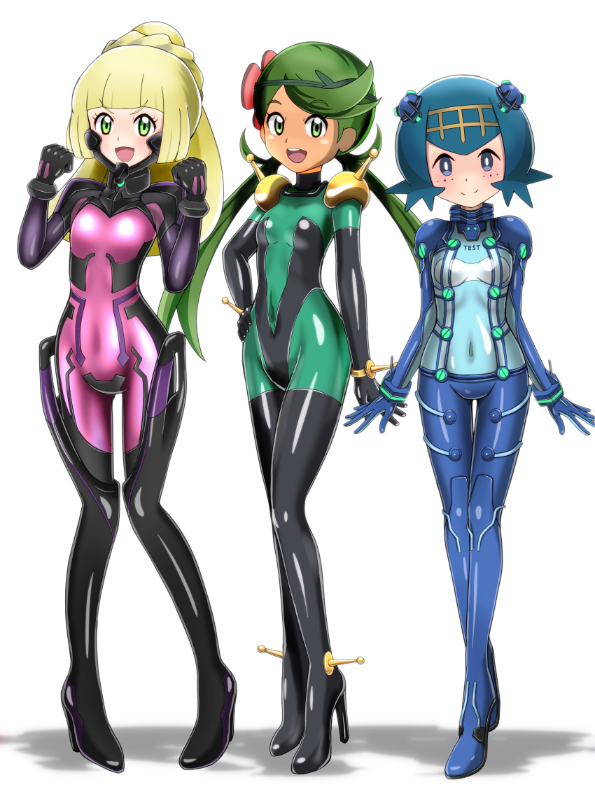 3girls absurdres blonde_hair blue_eyes blue_hair blush bodysuit covered_navel dark_skin evangelion:_2.0_you_can_(not)_advance flower g_gundam green_eyes green_hair gundam hair_flower hair_ornament hairband hand_on_hip high_heels highres lillie_(pokemon) long_hair mallow_(pokemon) mobile_trace_suit multiple_girls muvluv neon_genesis_evangelion open_mouth plugsuit pokemon pokemon_(anime) pokemon_sm_(anime) ponytail rebuild_of_evangelion short_hair shoukin500 simple_background smile suiren_(pokemon) test_plugsuit trial_captain twintails white_background