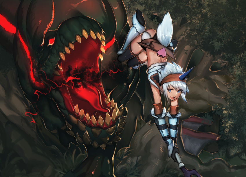 1girl back blank_eyes blue_eyes claws crying crying_with_eyes_open deviljho dinosaur dragon energy fingernails fixro2n gauntlets glowing grass hairband heart highres holding holding_sword holding_weapon horn kirin_(armor) looking_at_another medium_hair midair monster_hunter open_mouth outdoors outstretched_arms red_eyes sharp_fingernails shorts sword tears thigh-highs tongue tree vest weapon white_hair