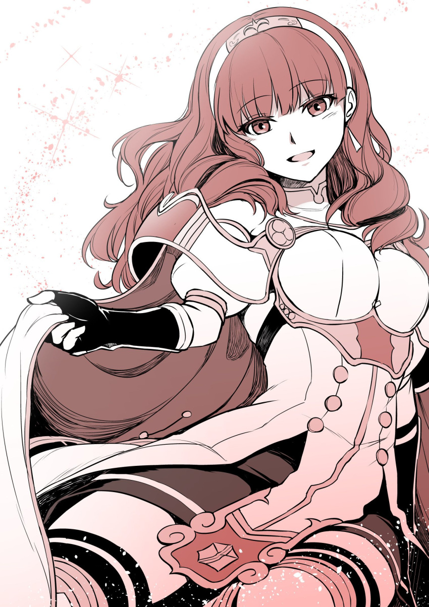 1girl armor cape celica_(fire_emblem) dress earrings fingerless_gloves fire_emblem fire_emblem_echoes:_mou_hitori_no_eiyuuou fire_emblem_heroes gloves highres jewelry long_hair looking_at_viewer nakabayashi_zun open_mouth red_eyes redhead simple_background smile solo tiara