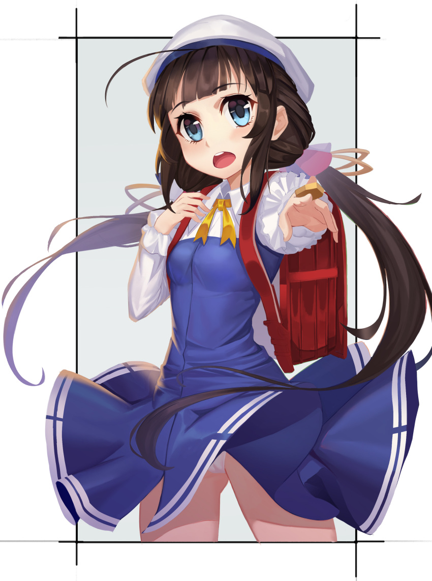 1girl absurdres ahoge backpack bag bangs beret between_fingers blue_dress blue_eyes blush board_game breasts brown_hair dress eyebrows_visible_through_hair gaoyang_ou_nisang gluteal_fold hat head_tilt highres hinatsuru_ai holding long_hair long_sleeves looking_at_viewer low_twintails open_mouth outstretched_arm panties puffy_short_sleeves puffy_sleeves randoseru ryuuou_no_oshigoto! school_uniform short_over_long_sleeves short_sleeves shougi sidelocks small_breasts solo twintails underwear upper_teeth very_long_hair white_hat white_panties