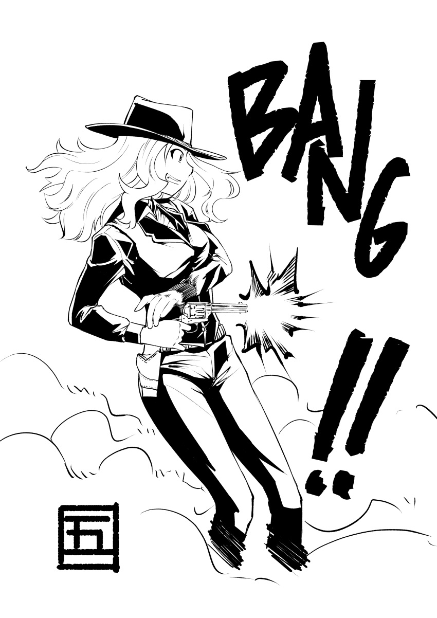 !! 1girl absurdres artist_name commentary cowboy_shot firing from_side girls_und_panzer goshaku_tama grin gun handgun highres holster jacket kay_(girls_und_panzer) long_hair long_sleeves monochrome motion_blur onomatopoeia pants revolver signature smile smoke solo standing the_magnificent_seven weapon