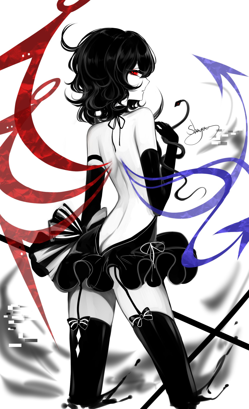 1girl absurdres artist_name ass asymmetrical_wings bare_back bare_shoulders black_dress black_gloves black_hair butt_crack dress elbow_gloves feet_out_of_frame from_behind garter_straps gloves highres houjuu_nue limited_palette looking_back profile red_eyes sheya short_hair signature simple_background snake solo spot_color standing thigh-highs touhou white_background wings zettai_ryouiki