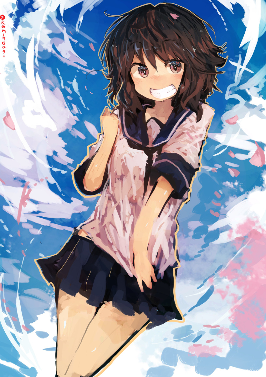 1girl absurdres black_neckwear blue_skirt brown_eyes brown_hair cherry_blossoms clouds commentary_request grin highres kaamin_(mariarose753) kantai_collection looking_at_viewer miyuki_(kantai_collection) neckerchief pleated_skirt sailor_collar school_uniform serafuku short_hair short_sleeves skirt sky smile solo thighs twitter_username