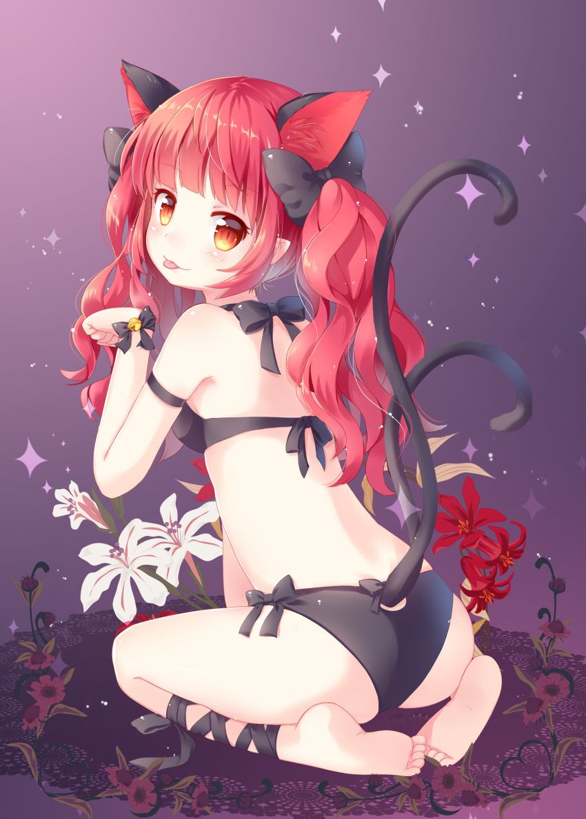 1girl :3 absurdres animal_ears ass bangs bare_shoulders barefoot bell bikini black_bikini black_bow blunt_bangs bow cat_ears cat_tail eyebrows_visible_through_hair flower from_behind full_body hair_bow highres jingle_bell kaenbyou_rin kneeling long_hair looking_at_viewer mimi_(mimi_puru) multicolored multicolored_eyes multiple_tails orange_eyes paw_pose pointy_ears red_eyes red_flower redhead smile solo sparkle swimsuit tail tongue tongue_out touhou two_tails wavy_hair white_flower