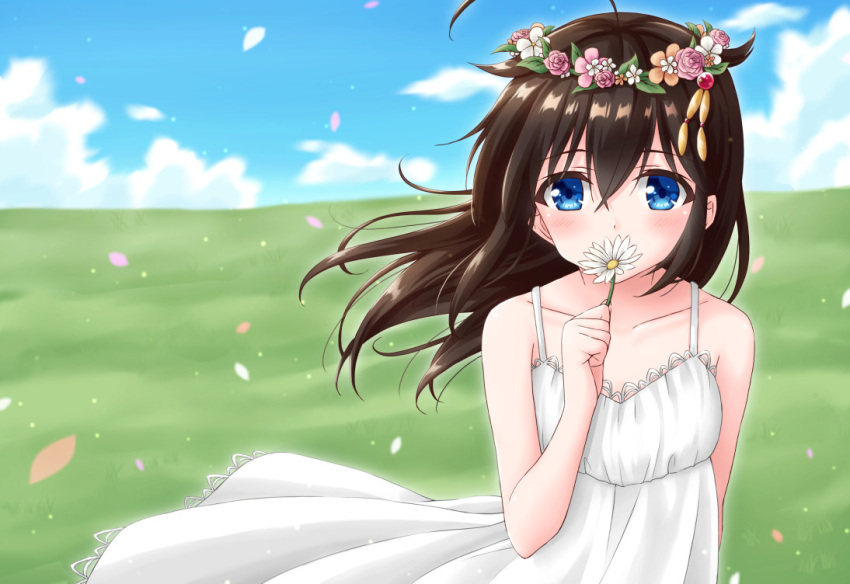 1girl ahoge alternate_costume alternate_hairstyle arm_behind_back bangs black_hair blue_eyes blue_sky blush clouds collarbone covering_mouth day dress eyebrows_visible_through_hair floating_hair flower grass hair_down hair_flaps hair_flower hair_ornament hairpin head_wreath holding holding_flower hoshino_kagari kantai_collection long_hair looking_at_viewer petals remodel_(kantai_collection) shigure_(kantai_collection) shiny shiny_hair sky sleeveless sleeveless_dress solo sundress tareme upper_body white_dress white_flower wind