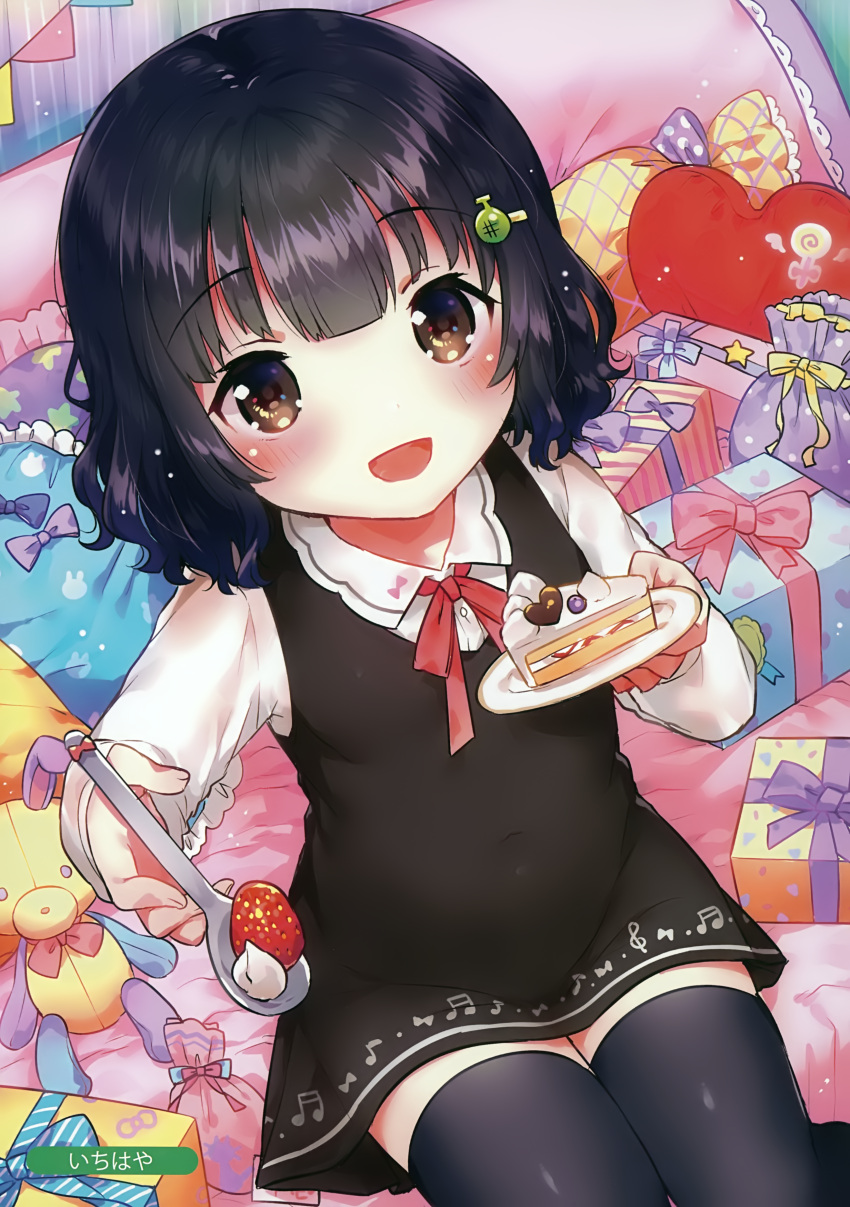 1girl :d absurdres bangs black_dress black_hair black_legwear blush box brown_eyes cake dress dutch_angle eyebrows_visible_through_hair fingernails food frilled_pillow frills gift gift_box hair_ornament hairclip highres holding holding_plate holding_spoon ichihaya indoors long_sleeves looking_at_viewer melon_hair_ornament musical_note musical_note_print open_mouth original pennant pillow plate scan shirt sitting sleeveless sleeveless_dress slice_of_cake smile solo string_of_flags thigh-highs white_shirt