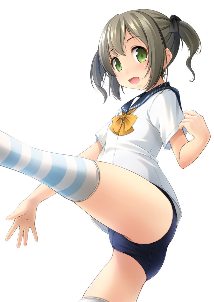 1girl blue_sailor_collar blue_swimsuit bow bowtie green_eyes grey_hair grey_legwear highres looking_at_viewer no_pants open_mouth original sailor_collar school_swimsuit school_uniform serafuku shibacha_(shibacha_0728) short_hair short_sleeves simple_background smile solo standing standing_on_one_leg striped striped_legwear swimsuit swimsuit_under_clothes thigh-highs twintails uniform white_background white_stripes yellow_neckwear