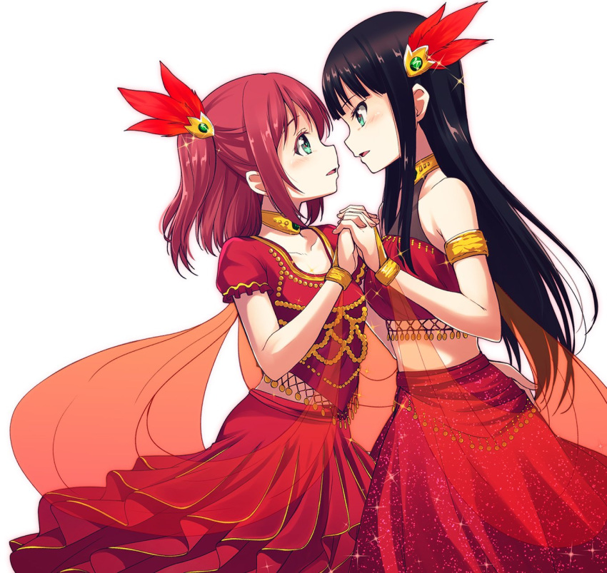 2girls arabian_clothes arm_around_waist armlet bangs black_hair bridal_gauntlets commentary_request crop_top eye_contact face-to-face feathers hair_feathers hand_holding highres incest jewelry kurosawa_dia kurosawa_ruby long_hair looking_at_another love_live! love_live!_sunshine!! multiple_girls nanotsuki necklace red_eyes redhead sash short_sleeves siblings simple_background sisters sleeveless two_side_up white_background yuri