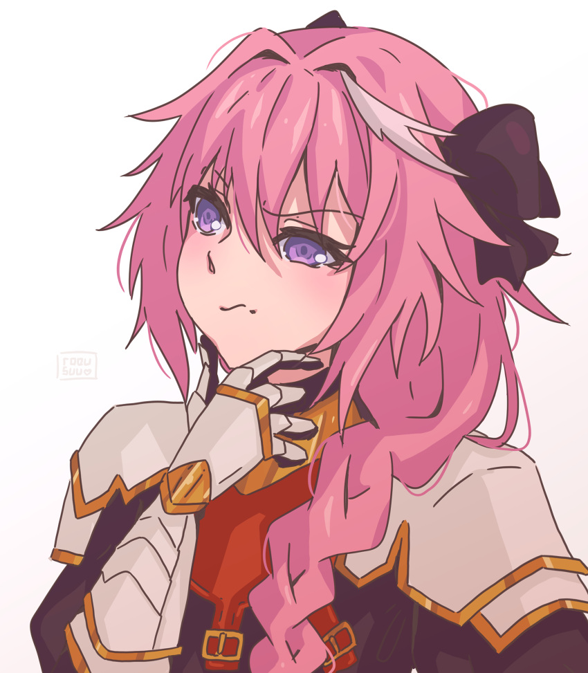 1boy astolfo_(fate) black_bow black_ribbon bow braid commission fate/apocrypha fate_(series) gauntlets hair_between_eyes hair_intakes hair_ribbon hand_on_own_chin highres long_braid male_focus multicolored_hair pauldrons pink_hair ribbon rousfairly signature simple_background single_braid solo streaked_hair thinking trap violet_eyes white_background