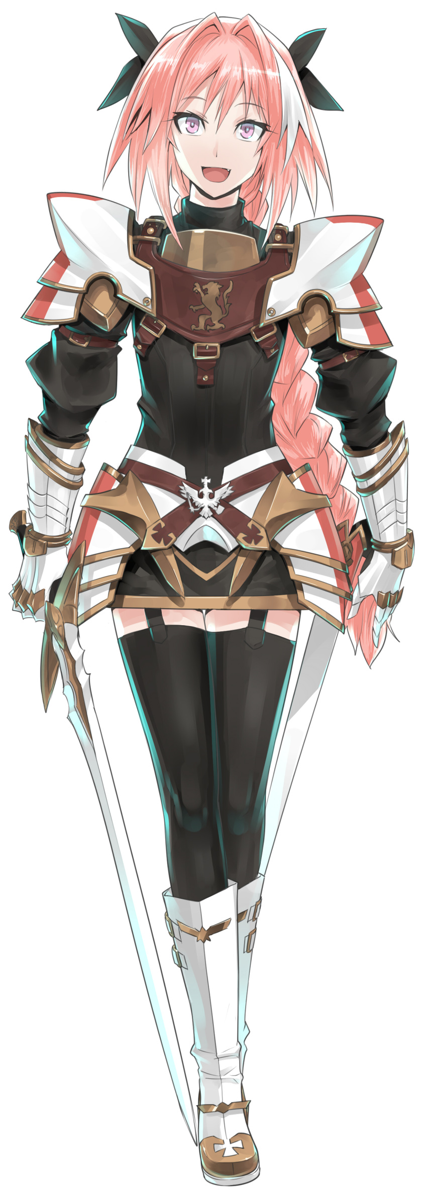 1boy :d absurdres arm_strap astolfo_(fate) bangs big_hair black_bow black_gloves black_legwear black_shirt black_skirt boots bow braid buckle commentary_request emblem eyebrows_visible_through_hair fang fate/apocrypha fate_(series) faulds full_body garter_straps gauntlets gloves gold_trim gorget hair_between_eyes hair_bow hair_intakes highres holding holding_sword holding_weapon ippo knee_boots long_hair long_sleeves looking_at_viewer male_focus miniskirt multicolored_hair open_mouth pink_hair puffy_long_sleeves puffy_sleeves shirt simple_background single_braid skirt smile solo spaulders standing streaked_hair sword thigh-highs thigh_gap trap turtleneck two-tone_hair very_long_hair violet_eyes weapon white_background white_footwear white_hair zettai_ryouiki