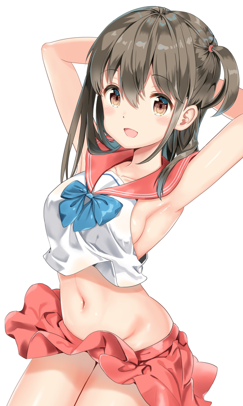 1girl :d armpits arms_up bangs blush breasts brown_eyes brown_hair collarbone commentary_request crop_top eyebrows_visible_through_hair groin hair_between_eyes hand_behind_head highres long_hair medium_breasts mimikaki_(men_bow) navel no_panties one_side_up open_mouth original pleated_skirt red_sailor_collar red_skirt sailor_collar school_uniform serafuku shirt simple_background skirt sleeveless sleeveless_shirt smile solo white_background white_shirt