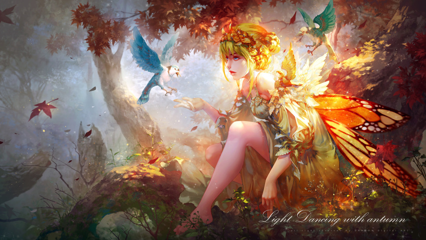 1girl angel antilous autumn_leaves barefoot bird blonde_hair blue_eyes butterfly_wings english fantasy forest hair_bun hair_ornament highres in_tree knee_up nature original outdoors outstretched_hand short_hair sitting solo tree watermark wings