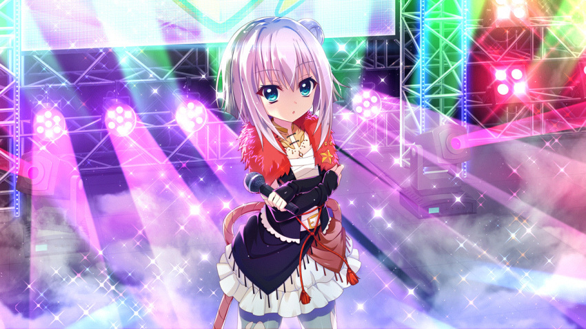 1girl belt black_skirt black_sleeves black_vest blue_eyes colored_lights concert costume_request crossed_arms detached_sleeves dot_nose film_grain fingerless_gloves fog fur-trimmed_vest game_cg glint gloves hair_bun holding holding_microphone idol idol_clothes izumi_tsubasu layered_skirt microphone multicolored_clothes multicolored_skirt multiple_belts nishidate_haku non-web_source official_art open_mouth re:stage! red_skirt red_trim sarashi screen short_hair single_hair_bun skirt solo sparkle stage stage_lights star_(symbol) vest white_belt white_hair white_skirt