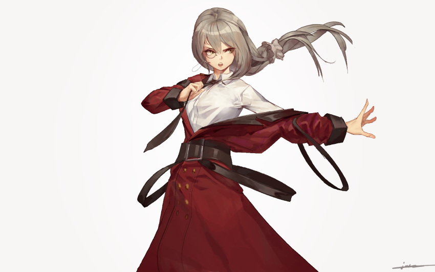 1girl ahoge bangs belt black_belt black_neckwear blush breasts brown_eyes buckle coat collared_shirt cowboy_shot double-breasted eyebrows_visible_through_hair floating_hair girls_frontline grey_background grey_hair hair_between_eyes helianthus_(girls_frontline) highres junexp long_coat long_hair long_sleeves looking_away monocle necktie necktie_grab neckwear_grab open_mouth outstretched_arm ponytail red_coat scrunchie shirt sidelocks signature simple_background sleeves_folded_up solo white_shirt wing_collar