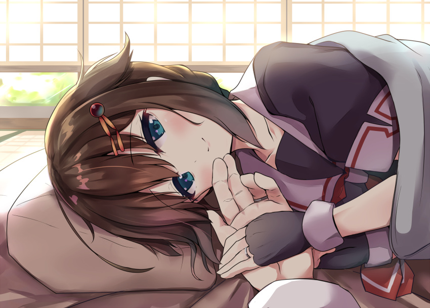 1girl ahoge black_hair black_serafuku blue_eyes blush braid check_commentary commentary_request fingerless_gloves gloves hair_flaps hair_ornament hair_over_shoulder hair_ribbon hairclip highres indoors jewelry kantai_collection looking_at_viewer neckerchief partial_commentary red_neckwear remodel_(kantai_collection) ribbon ring school_uniform serafuku shigure_(kantai_collection) single_braid solo soramuko wedding_band