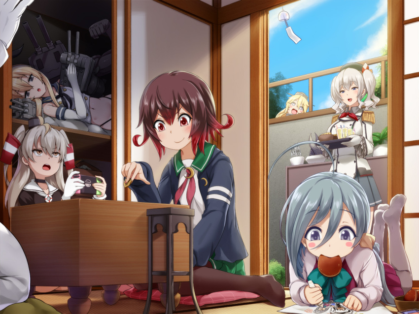 6+girls amatsukaze_(kantai_collection) beret black_jacket blonde_hair blue_eyes brown_eyes brown_hair cardigan commentary_request darkmaya dress epaulettes gloves grey_hair hair_between_eyes hair_tubes hat iowa_(kantai_collection) jacket kantai_collection kashima_(kantai_collection) kiyoshimo_(kantai_collection) long_hair long_sleeves mouth_hold multiple_girls mutsuki_(kantai_collection) nintendo_switch open_mouth pantyhose purple_dress remodel_(kantai_collection) school_uniform serafuku shimakaze_(kantai_collection) shirt short_hair silver_hair smile two_side_up white_gloves white_shirt