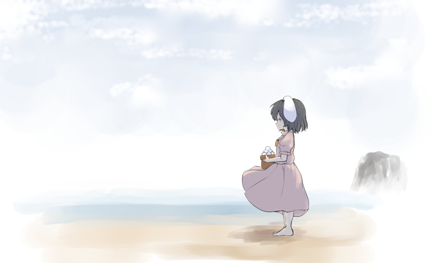1girl absurdres animal_ears barefoot black_hair carrot_necklace clouds cloudy_sky dress floppy_ears food from_side highres holding inaba_tewi kushidama_minaka medium_hair mochi pink_dress puffy_short_sleeves puffy_sleeves rabbit_ears sad short_sleeves sky solo touhou wagashi
