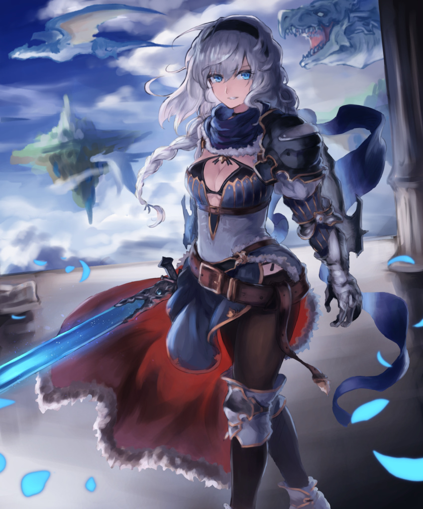 1girl armor belt black_bra blue_eyes blue_sky bra breasts cleavage clouds cloudy_sky commentary_request day dragon eyebrows_visible_through_hair fantasy feet_out_of_frame floating_island gauntlets hair_between_eyes hairband highres holding holding_sword holding_weapon large_breasts long_hair looking_at_viewer na_(oagenosuke) original outdoors pantyhose parted_lips pelvic_curtain petals scarf silver_hair sky smile solo standing sword underwear waist_cape walking weapon