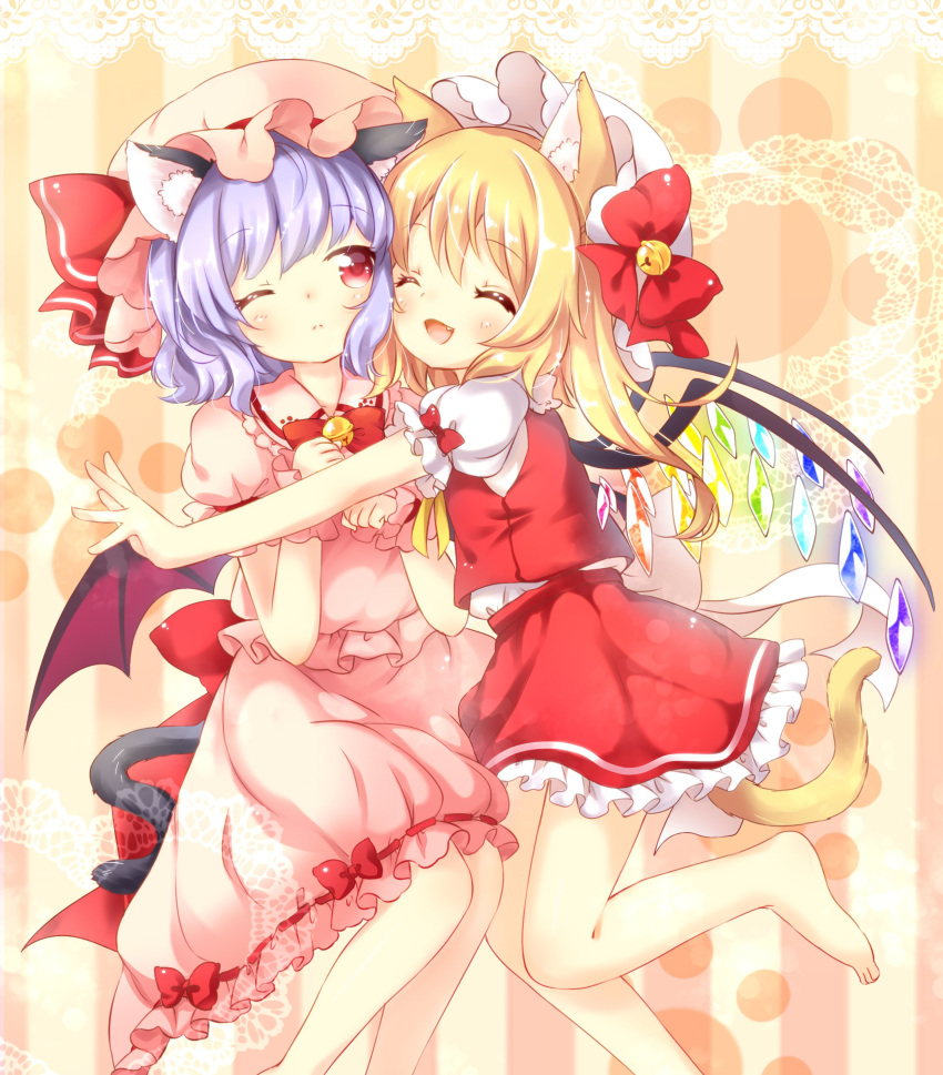 2girls absurdres animal_ears bare_legs barefoot bat_wings bell blonde_hair blue_hair bow bowtie cat_ears cat_tail closed_eyes flandre_scarlet hat hat_bow hat_ribbon highres jingle_bell kemonomimi_mode mimi_(mimi_puru) miniskirt mob_cap multiple_girls one_eye_closed one_leg_raised pink_hat pink_skirt puffy_short_sleeves puffy_sleeves red_bow red_eyes red_neckwear red_ribbon red_skirt remilia_scarlet ribbon short_sleeves siblings sisters skirt skirt_set smile tail touhou vest white_hat wings wrist_cuffs yellow_neckwear