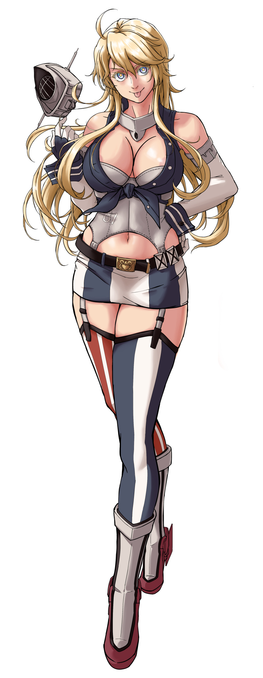 1girl absurdres blonde_hair blue_eyes breasts elbow_gloves fingerless_gloves front-tie_top full_body garter_straps gloves hand_on_hip headgear_removed highres iowa_(kantai_collection) kantai_collection large_breasts looking_down miniskirt mismatched_legwear navel simple_background skirt solo sozan standing star star-shaped_pupils striped striped_legwear symbol-shaped_pupils thigh-highs tongue tongue_out vertical_stripes white_background