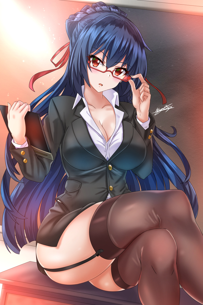 1girl absurdres black_legwear blue_hair braid breasts chair chalkboard classroom cleavage commentary desk garter_straps gluteal_fold hair_ribbon highres holding indoors large_breasts legs_crossed long_hair long_sleeves looking_at_viewer nez-kun on_desk original pantyhose red-framed_eyewear red_eyes red_ribbon ribbon school_desk sitting sitting_on_desk solo teacher