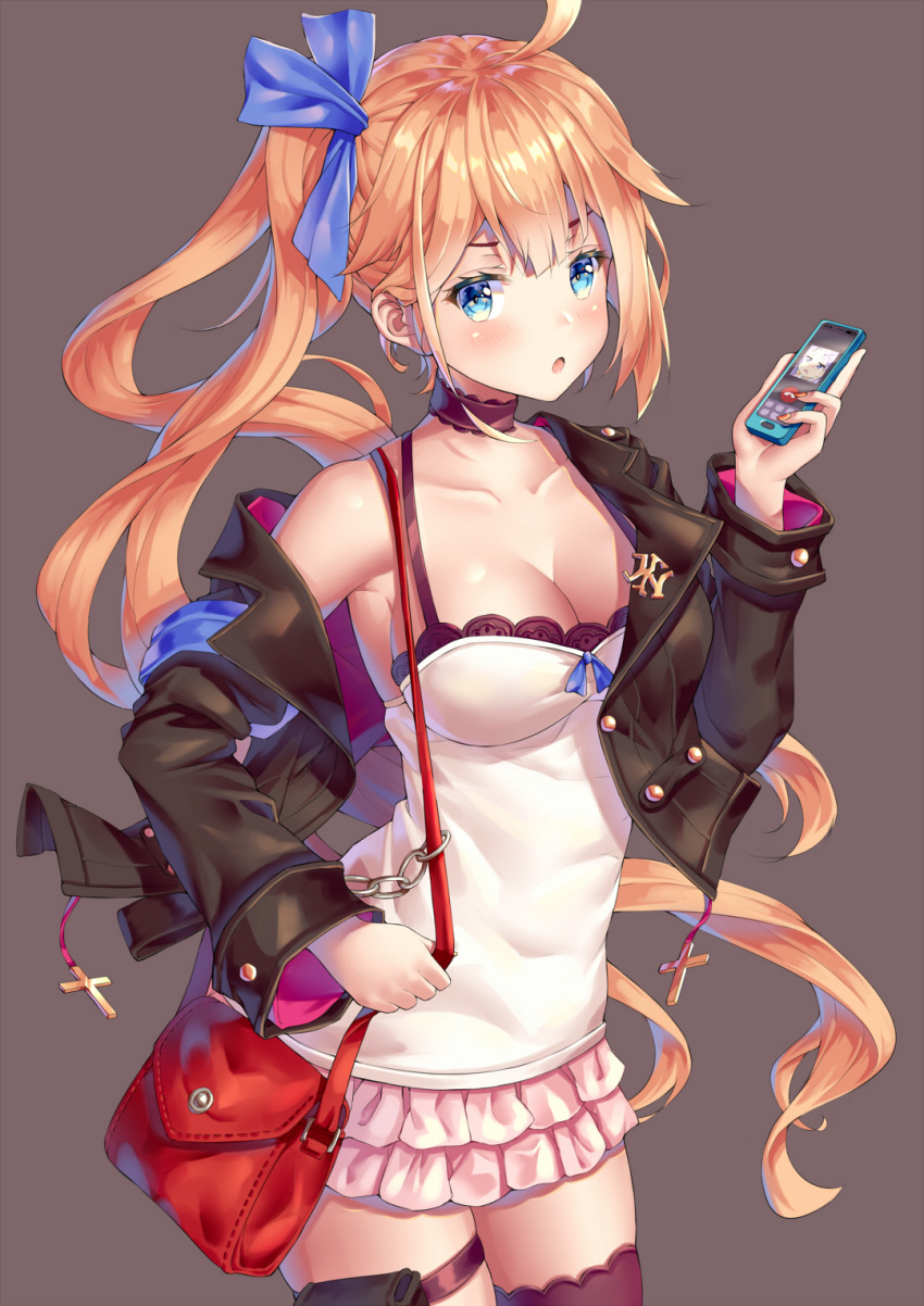 1girl ahoge armpits bag bangs black_bra black_jacket blonde_hair blue_bow blue_eyes blush bow bra bra_peek breasts cellphone chains choker cleavage collarbone cross dress eyebrows_visible_through_hair fal_(girls_frontline) frilled_skirt frills girls_frontline heart heart-shaped_pupils highres holding holding_bag holding_phone jacket large_breasts lingerie long_hair looking_at_viewer off_shoulder open_clothes open_mouth phone pouch revealing_clothes ribbon short_dress side_ponytail sidelocks simple_background single_thighhigh skindentation skirt sleeves_folded_up smartphone solo standing strapless strapless_dress symbol-shaped_pupils thigh-highs thigh_strap underwear very_long_hair xi_zhujia_de_rbq