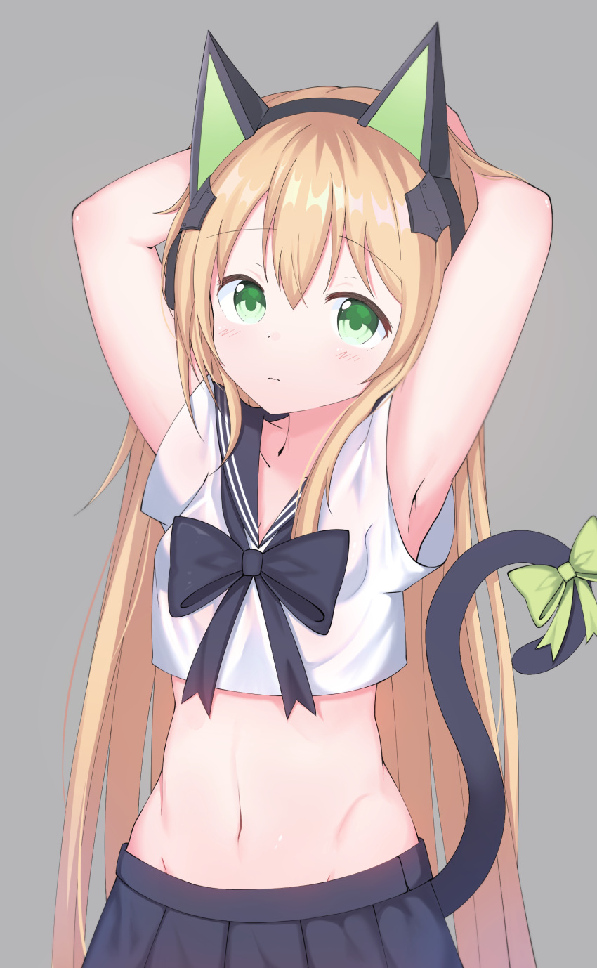 1girl absurdres animal_ears armpits arms_up bangs black_bow black_skirt blonde_hair blush bow breasts cat_ear_headphones cat_ears cat_girl cat_tail closed_mouth commentary crop_top eyebrows_visible_through_hair girls_frontline green_bow green_eyes grey_background hair_between_eyes hand_behind_head headphones highres midriff navel pleated_skirt school_uniform serafuku shirt short_sleeves simple_background skirt small_breasts solo starfox1015 tail tail_bow tmp_(girls_frontline) white_shirt