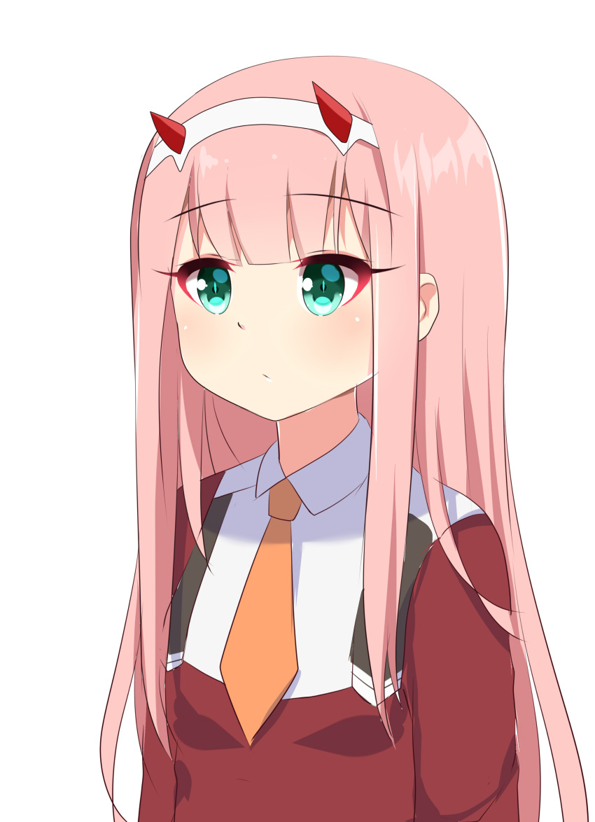 1girl absurdres agung_syaeful_anwar arms_at_sides bangs blush closed_mouth darling_in_the_franxx eyebrows_visible_through_hair green_eyes highres horns jacket long_hair long_sleeves looking_away necktie orange_neckwear pink_hair red_jacket short_necktie simple_background solo very_long_hair white_background zero_two_(darling_in_the_franxx)