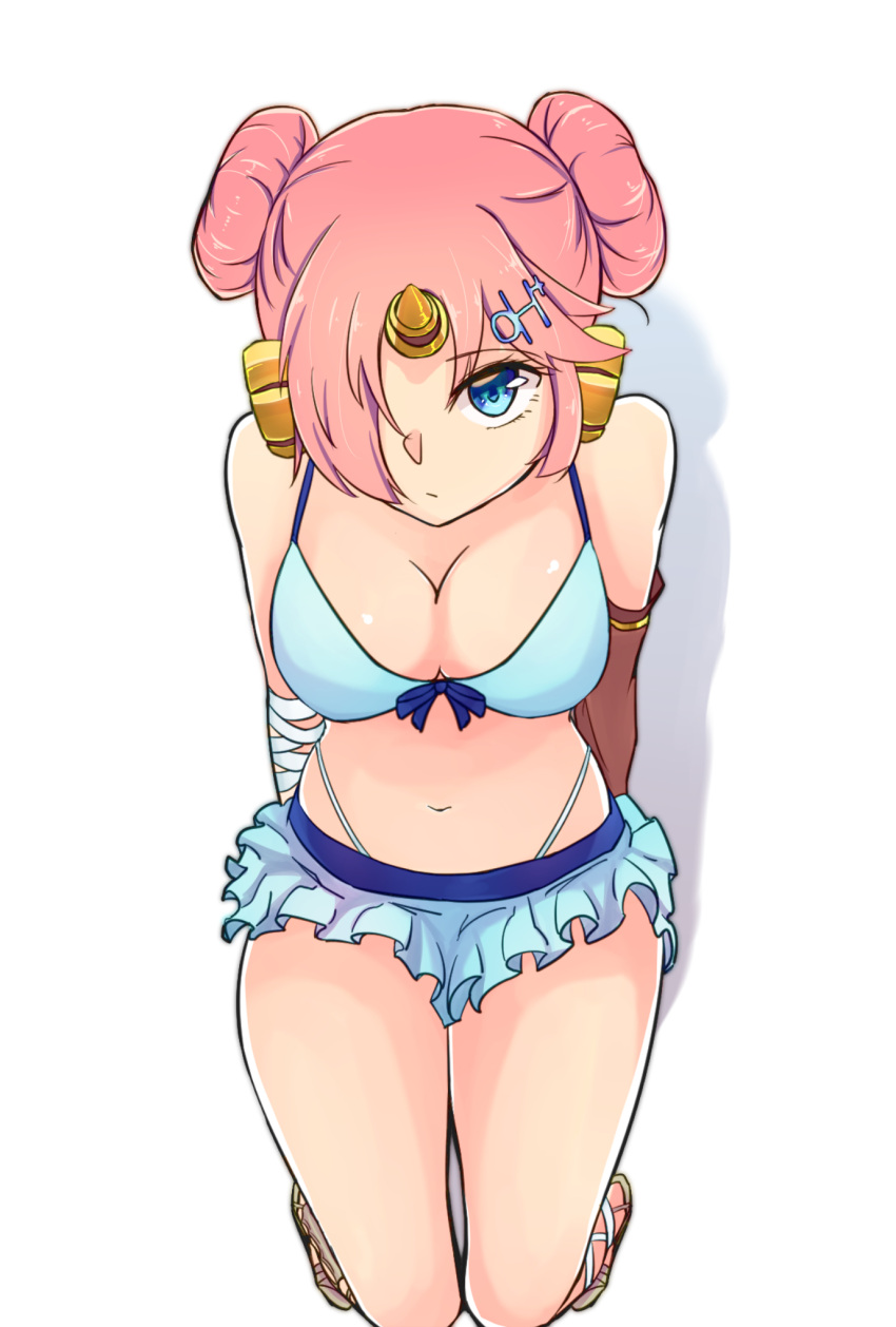 1girl arm_support bikini bikini_skirt blue_eyes breasts cleavage double_bun eyebrows_visible_through_hair fate/grand_order fate_(series) frankenstein's_monster_(swimsuit_saber)_(fate) from_above hair_over_one_eye highres horn kasoku_souchi looking_at_viewer medium_breasts navel pink_hair shadow solo swimsuit thighs white_background