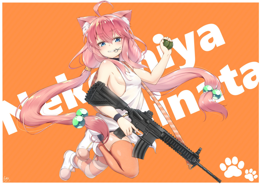 1girl absurdres ahoge animal_ears arm_up bike_shorts blue_eyes boots breasts cat_ears character_name explosive full_body grenade grenade_pin grin gun hair_bobbles hair_ornament highres hinata_channel jumping legs_up long_hair low_twintails mismatched_legwear mouth_hold nekomiya_hinata orange_background orange_legwear pink_hair shorts sideboob simple_background small_breasts smile solo striped striped_legwear takatun223 thigh-highs twintails vest watch watch weapon weapon_request white_footwear white_vest wristband