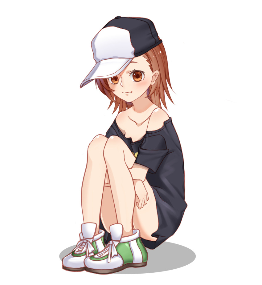 1girl :3 absurdres bare_legs black_shirt blush bottomless brown_eyes brown_hair commentary_request cosplay full_body hat highres knees_up last_order leg_hug looking_at_viewer misaka_mikoto misaka_mikoto_(cosplay) off_shoulder oversized_clothes oversized_shirt shirt shirt_pull shoes short_hair simple_background sitting smile sneakers solo to_aru_kagaku_no_railgun_s to_aru_majutsu_no_index white_background