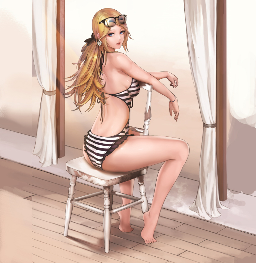 1girl back bare_legs bare_shoulders barefoot blonde_hair blue_eyes breasts chair dungeon_and_fighter earrings eyewear_on_head female_gunner_(dungeon_and_fighter) highres jewelry large_breasts light_rays long_hair looking_at_viewer looking_back monaim one-piece_swimsuit parted_lips sitting smile solo sunglasses swimsuit tiptoes wristband