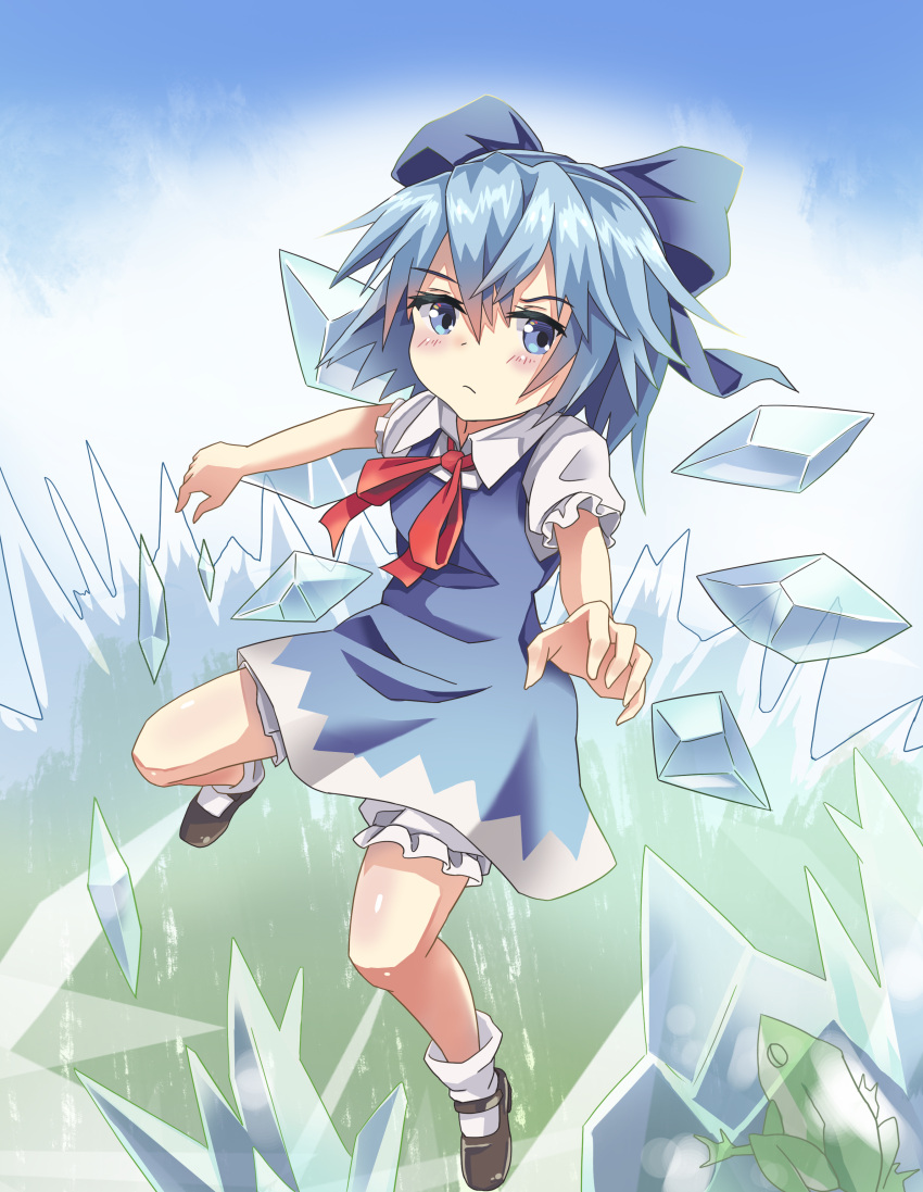 1girl absurdres bent_knee black_footwear bloomers blue_bow blue_eyes blue_skirt blush body_blush bow cirno closed_mouth collared_shirt commentary eyebrows_visible_through_hair eyelashes frilled_sleeves frills frog frozen_frog full_body hair_bow highres houshiruri ice ice_wings light_blue_hair looking_at_viewer loose_socks mary_janes neck_ribbon one_leg_raised puffy_short_sleeves puffy_sleeves red_neckwear ribbon serious shirt shoes short_hair short_sleeves skirt skirt_set solo thick_eyebrows touhou underwear white_legwear white_shirt wing_collar wings