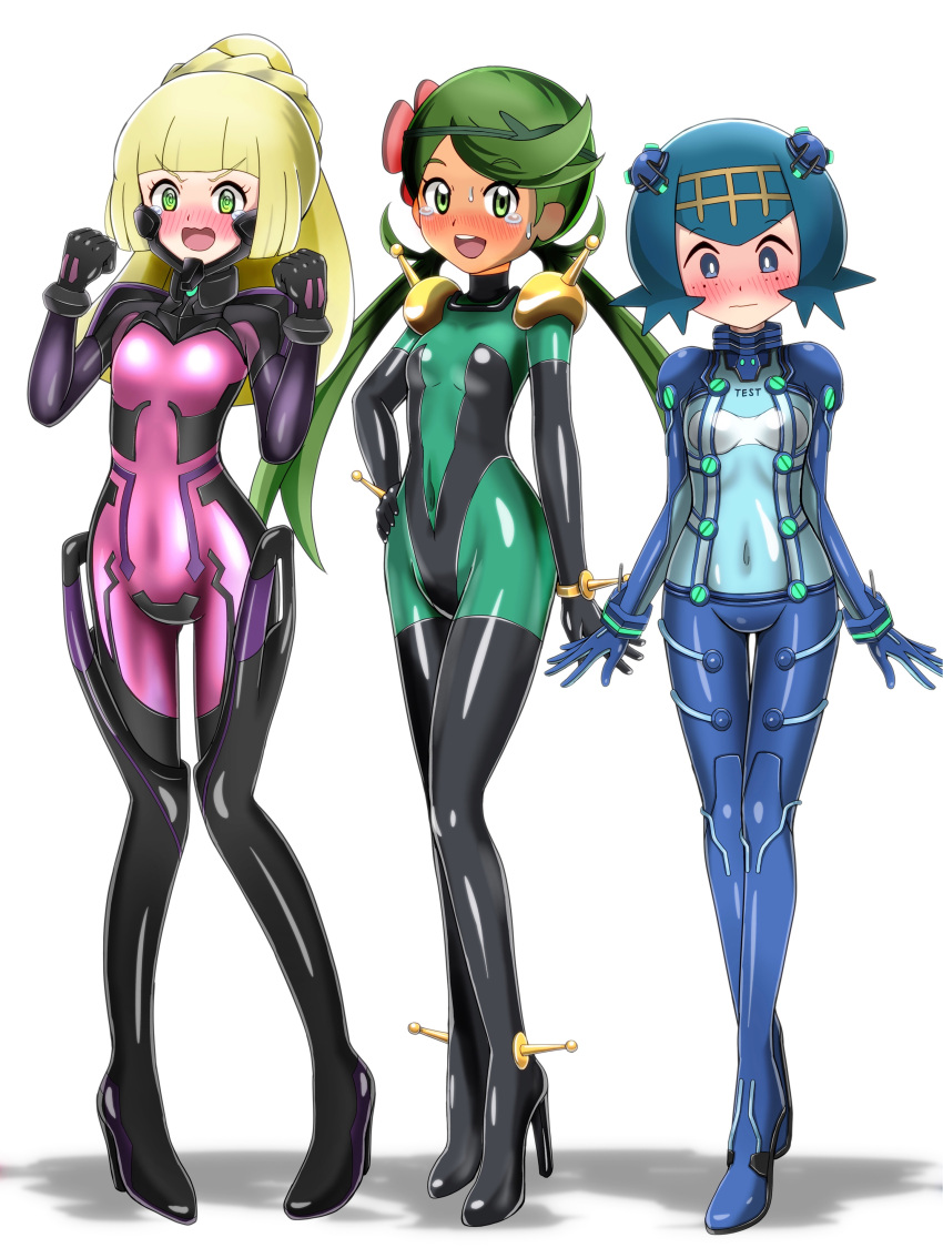 3girls @_@ absurdres blonde_hair blue_eyes blue_hair blush bodysuit covered_navel dark_skin embarrassed evangelion:_2.0_you_can_(not)_advance flower g_gundam green_eyes green_hair gundam hair_flower hair_ornament hairband hand_on_hip high_heels highres lillie_(pokemon) long_hair mallow_(pokemon) mobile_trace_suit multiple_girls neon_genesis_evangelion open_mouth plugsuit pokemon pokemon_(anime) pokemon_sm_(anime) ponytail rebuild_of_evangelion short_hair shoukin500 simple_background suiren_(pokemon) tears test_plugsuit trial_captain twintails white_background