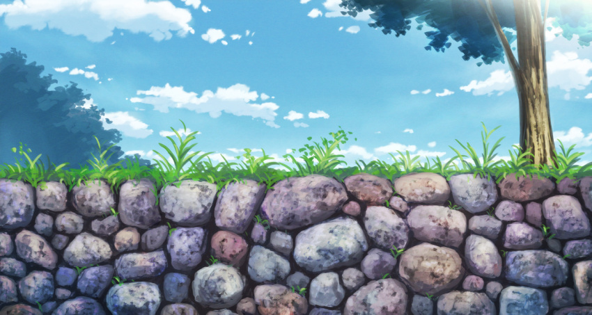 aoha_(twintail) blue_sky clouds commentary_request day grass no_humans original outdoors scenery sky stone tree