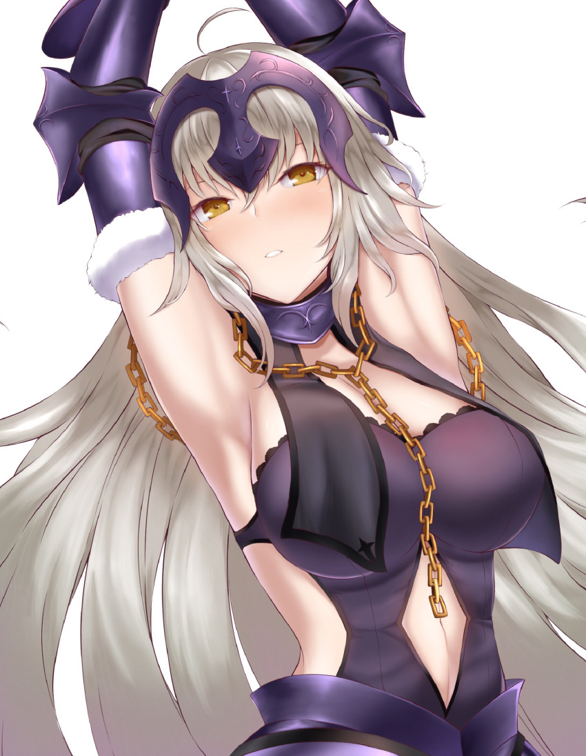1girl ahoge armor armored_collar armpits arms_up bangs breasts chains commentary_request fate/grand_order fate_(series) forehead_protector fur_trim gauntlets gold_chain highres jeanne_d'arc_(alter)_(fate) jeanne_d'arc_(fate)_(all) large_breasts light_blush long_hair looking_at_viewer navel navel_cutout numaguro_(tomokun0808) partially_opened_mouth revealing_clothes silver_hair simple_background solo upper_body very_long_hair white_background yellow_eyes