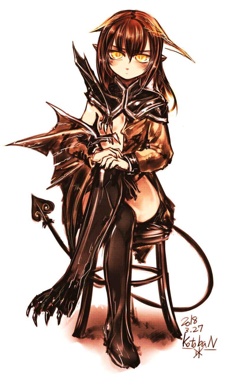 1girl absurdres blush breasts bright_pupils brown_hair claws closed_mouth commentary_request dated demon_girl demon_tail full_body hair_between_eyes highres kotoba_noriaki legs_crossed long_hair long_sleeves looking_at_viewer orange_eyes original signature simple_background sitting slit_pupils small_breasts solo stool tail white_background