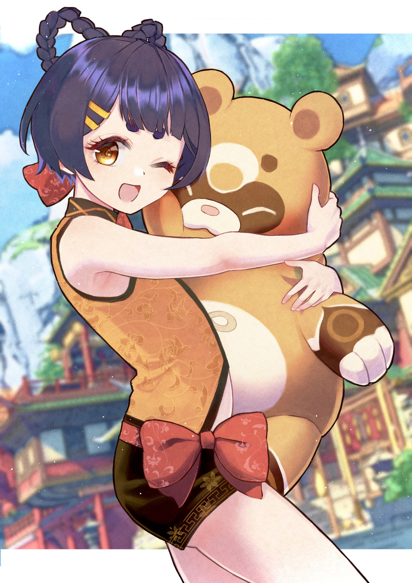 1girl ;d absurdres bare_arms bare_shoulders bow braid china_dress chinese_clothes closed_eyes dress genshin_impact gwxx3435 hair_bow hair_ornament hairclip highres hug looking_at_viewer one_eye_closed open_mouth panda short_hair shorts sleeveless sleeveless_dress smile solo twin_braids xiangling_(genshin_impact) yellow_eyes