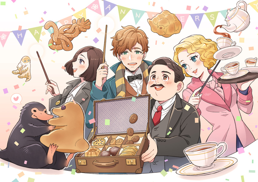 2boys 2girls biscuit black_hair blonde_hair blue_eyes blush bow bowtie brown_hair cup facial_hair fantastic_beasts_and_where_to_find_them food freckles green_eyes heart jacob_kowalski multiple_boys multiple_girls mustache necktie newt_scamander niffler nightcat open_mouth porpentina_goldstein queenie_goldstein scarf simple_background teacup teapot teeth wand white_background