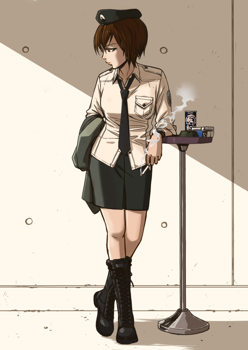 1girl absurdres ashtray beret black_footwear black_neckwear black_skirt boots brown_eyes brown_hair can cigarette cigarette_box girls_und_panzer hat highres holding holding_cigarette hone_(honehone083) jacket jacket_removed leaning_on_object lighter looking_to_the_side necktie pencil_skirt profile shirt short_hair skirt smoke smoking solo standing wing_collar yellow_shirt