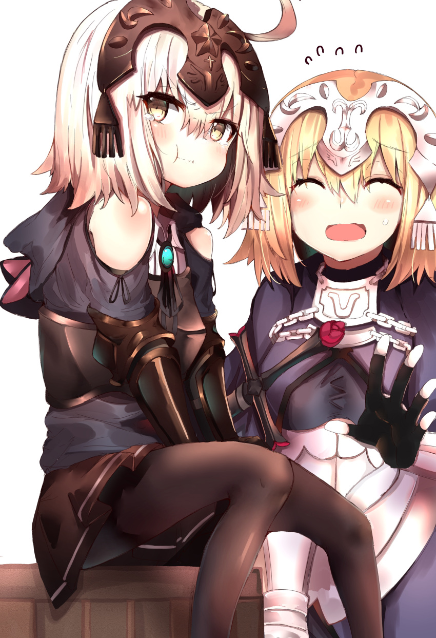 2girls :t absurdres ahoge animal_hood armor armored_dress black_gloves black_hoodie black_legwear black_ribbon black_skirt blonde_hair blue_dress blush cat_hood closed_eyes closed_mouth commentary_request dress fate/grand_order fate_(series) fingerless_gloves flying_sweatdrops gauntlets gloves headpiece highres hood hood_down hoodie jeanne_d'arc_(alter)_(fate) jeanne_d'arc_(fate) jeanne_d'arc_(fate)_(all) multiple_girls open_mouth pantyhose pleated_skirt pout ranf ribbon shoulder_cutout silver_hair skirt sweatdrop tears white_background yellow_eyes