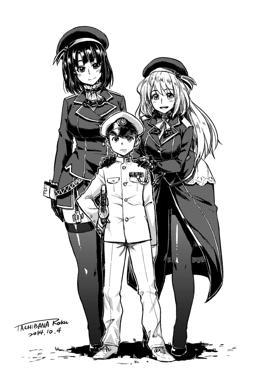 1boy 2girls :d age_difference aiguillette atago_(kantai_collection) beret blush breasts garter_straps girl_sandwich hat highres kantai_collection large_breasts little_boy_admiral_(kantai_collection) long_hair military military_uniform monochrome multiple_girls naval_uniform open_mouth pantyhose peaked_cap sandwiched sheath sheathed shoes short_hair simple_background smile sword tachibana_roku takao_(kantai_collection) thigh-highs uniform weapon white_background