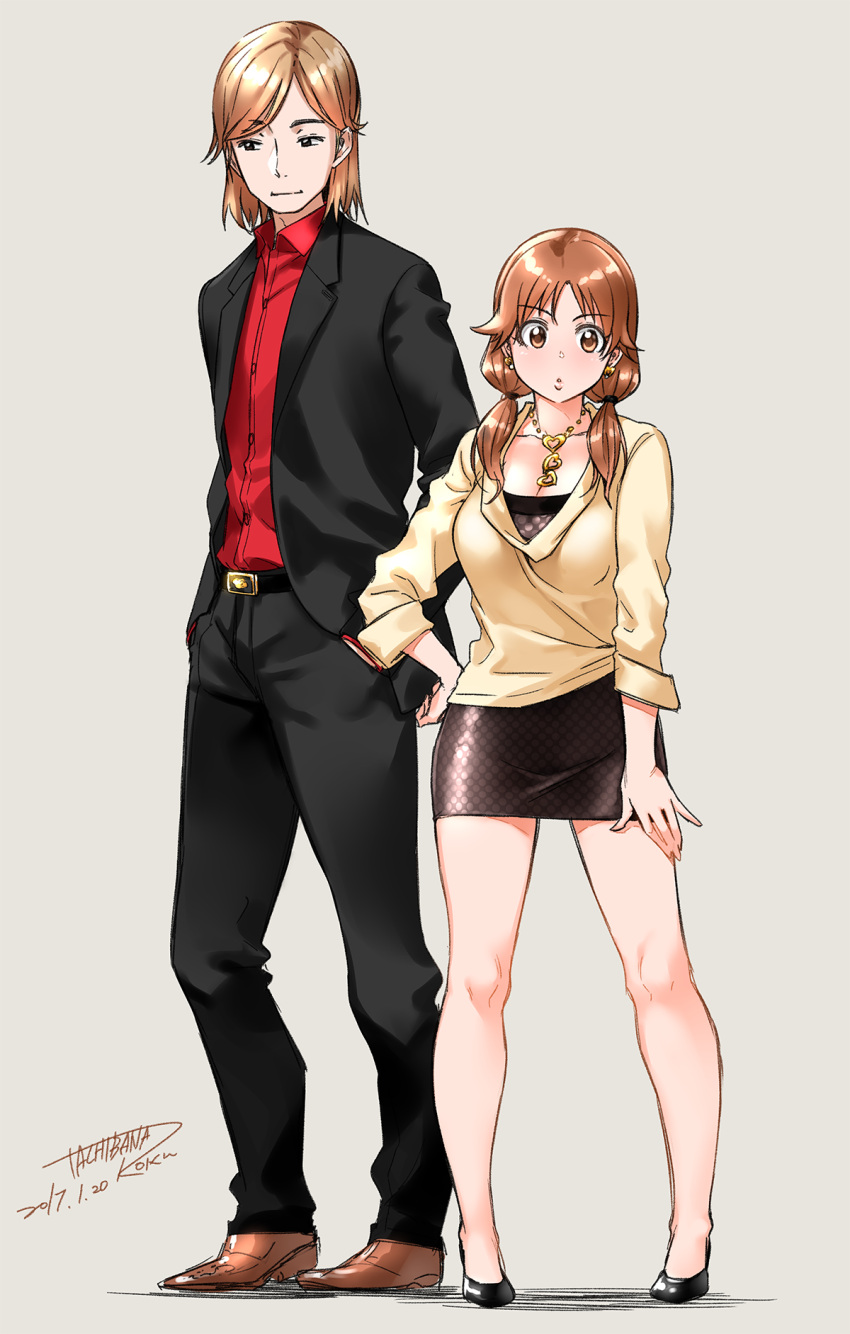 1boy 1girl artist_name black_footwear black_pants breasts brown_eyes brown_hair business_suit cleavage collarbone dated dress dress_shirt formal full_body hand_on_hip hand_on_own_thigh heart heart_necklace highres idolmaster idolmaster_cinderella_girls jacket katagiri_sanae large_breasts light_blush looking_at_viewer low_twintails open_clothes open_jacket pants polka_dot polka_dot_dress producer_(idolmaster) red_shirt shirt short_dress side-by-side signature simple_background sleeves_folded_up standing suit tachibana_roku tan_background twintails yellow_shirt