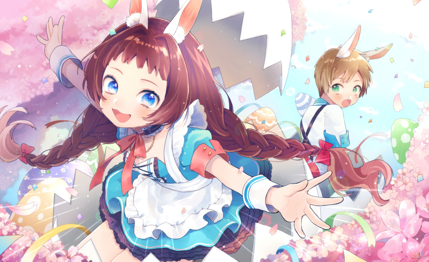 1boy 1girl :d :o animal_ears bangs black_choker blue_dress blue_eyes blue_sky blush bow braid brown_hair choker clouds commentary confetti day dress easter easter_egg egg eggshell frilled_choker frills green_eyes hair_bow highres kouhara_yuyu light_brown_hair long_hair looking_at_viewer low_twintails open_mouth original outdoors outstretched_arms puffy_short_sleeves puffy_sleeves rabbit_ears red_bow shirt short_sleeves sidelocks sky smile spread_arms suspenders twin_braids twintails very_long_hair white_shirt wrist_cuffs