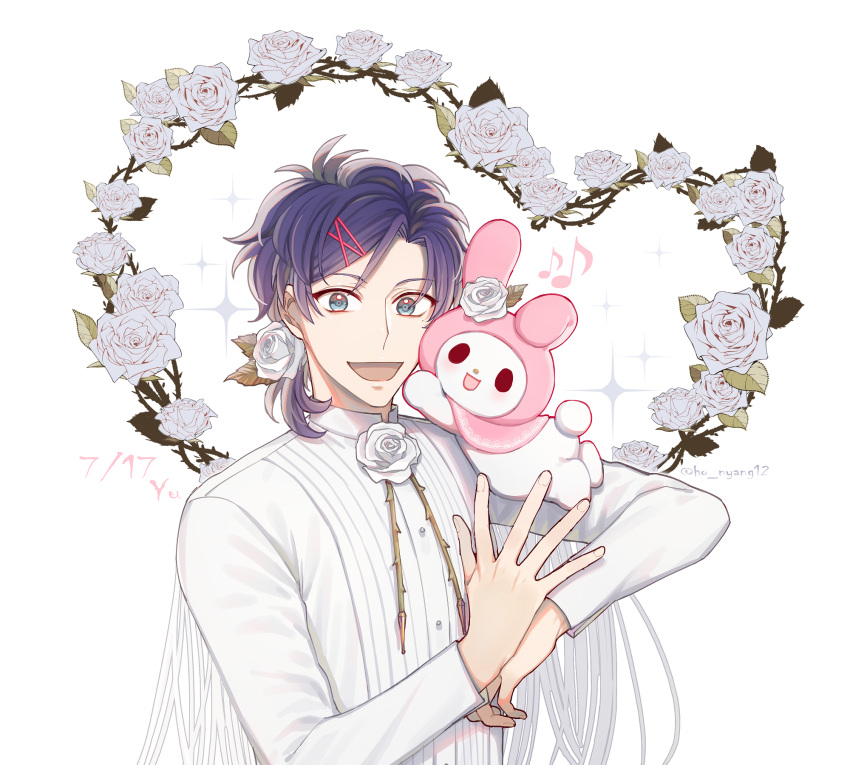 1boy :d blue_eyes character_name dated flower hair_flower hair_ornament hair_tie highres ho_nyang12 looking_at_viewer male_focus mizuno_yuu musical_note my_melody open_mouth purple_hair quaver rose sanrio sanrio_danshi smile solo sparkle thorns upper_body white_flower