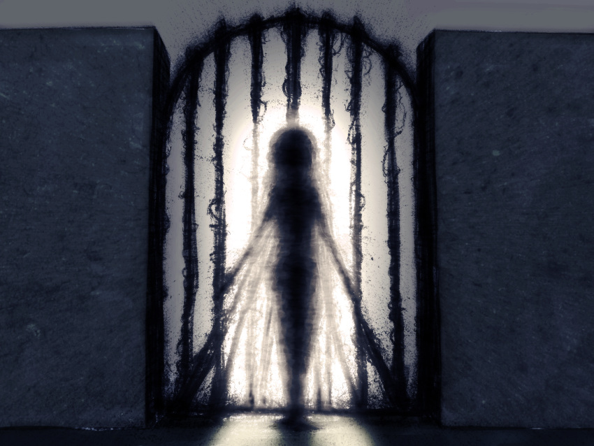 1girl backlighting commentary creepy gate hong_meiling light outdoors shirosato silhouette solo standing touhou wall