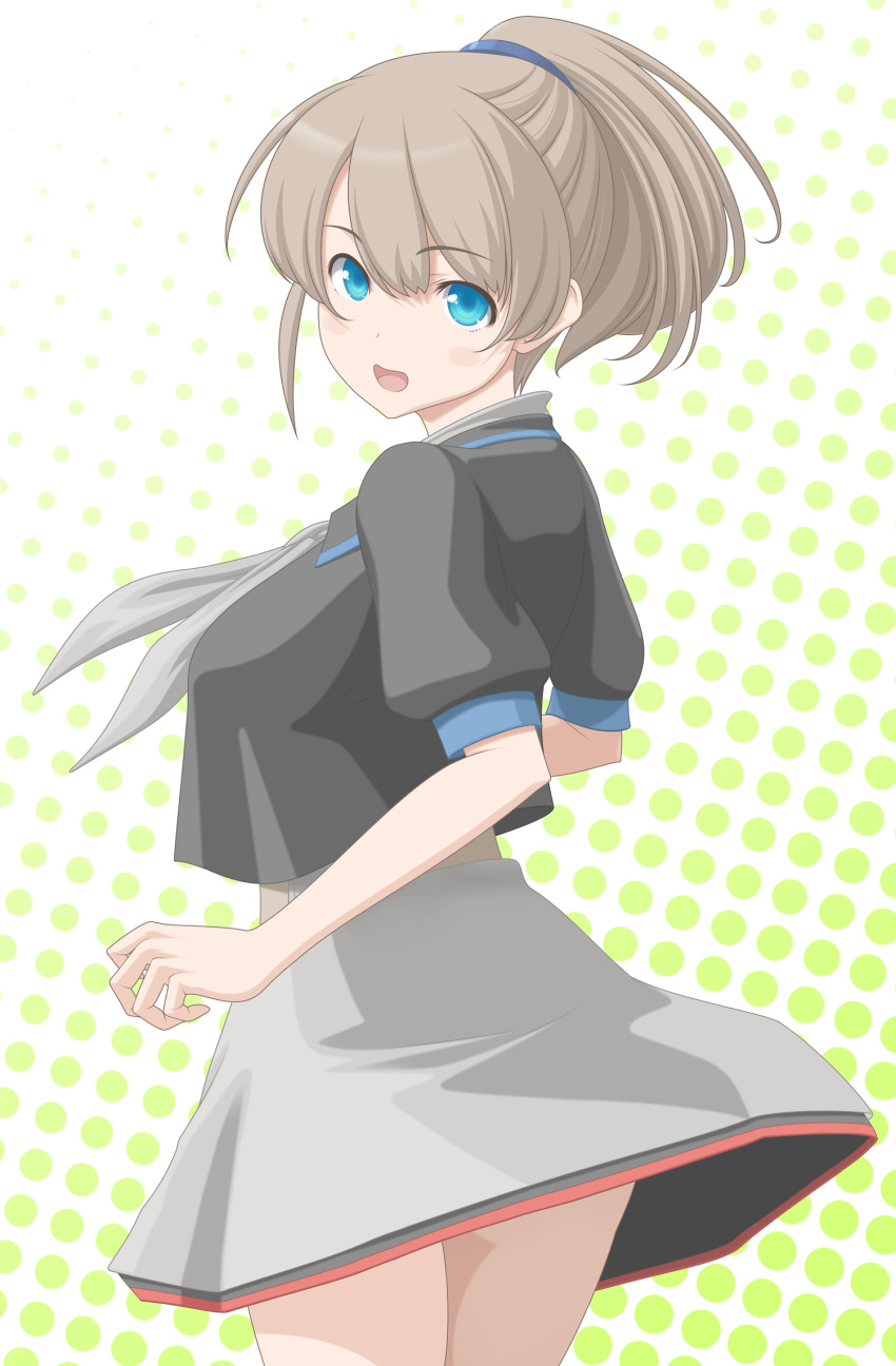 1girl black_shirt blue_eyes brown_hair commentary_request cowboy_shot from_behind highres intrepid_(kantai_collection) kantai_collection looking_at_viewer looking_back neckerchief open_mouth polka_dot polka_dot_background ponytail shirt short_hair short_sleeves skirt smile solo standing t2r white_skirt